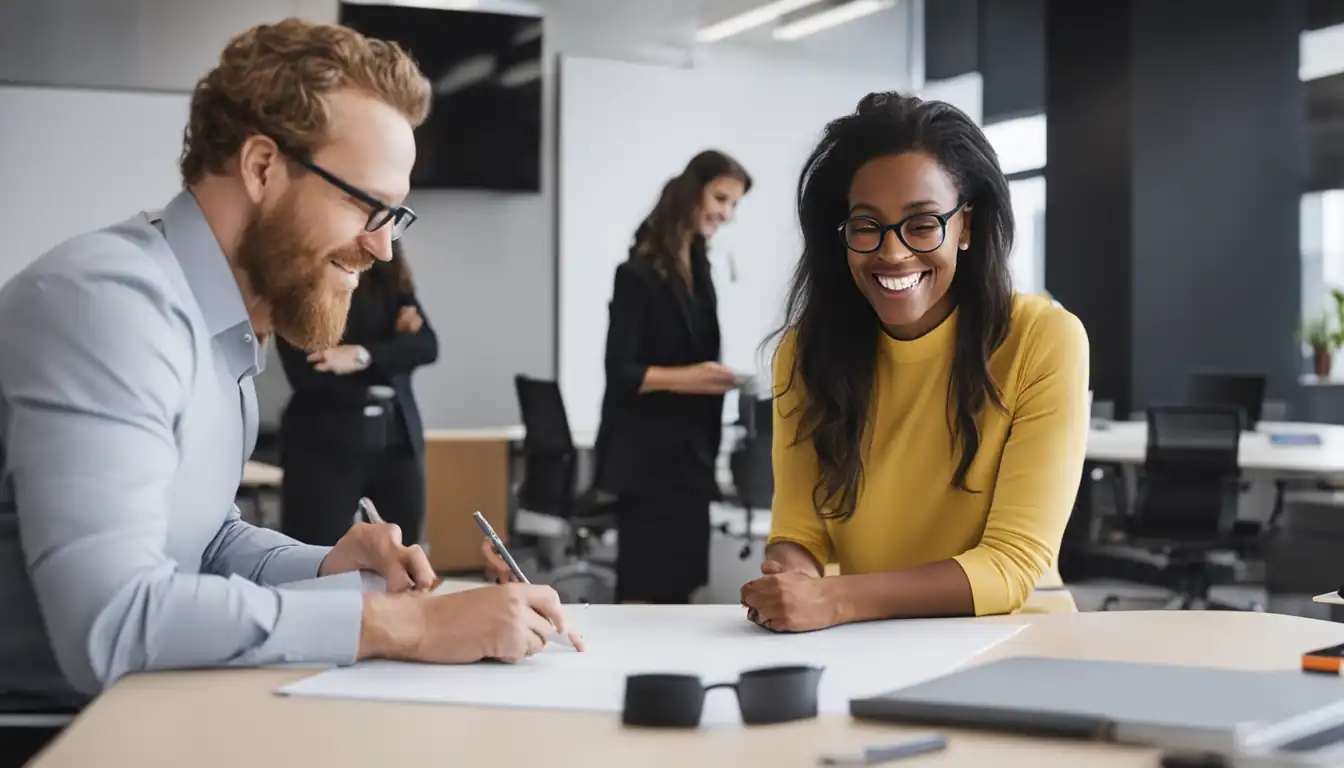 Two diverse professionals brainstorming ideas together in a bright, modern office space with a whiteboard.