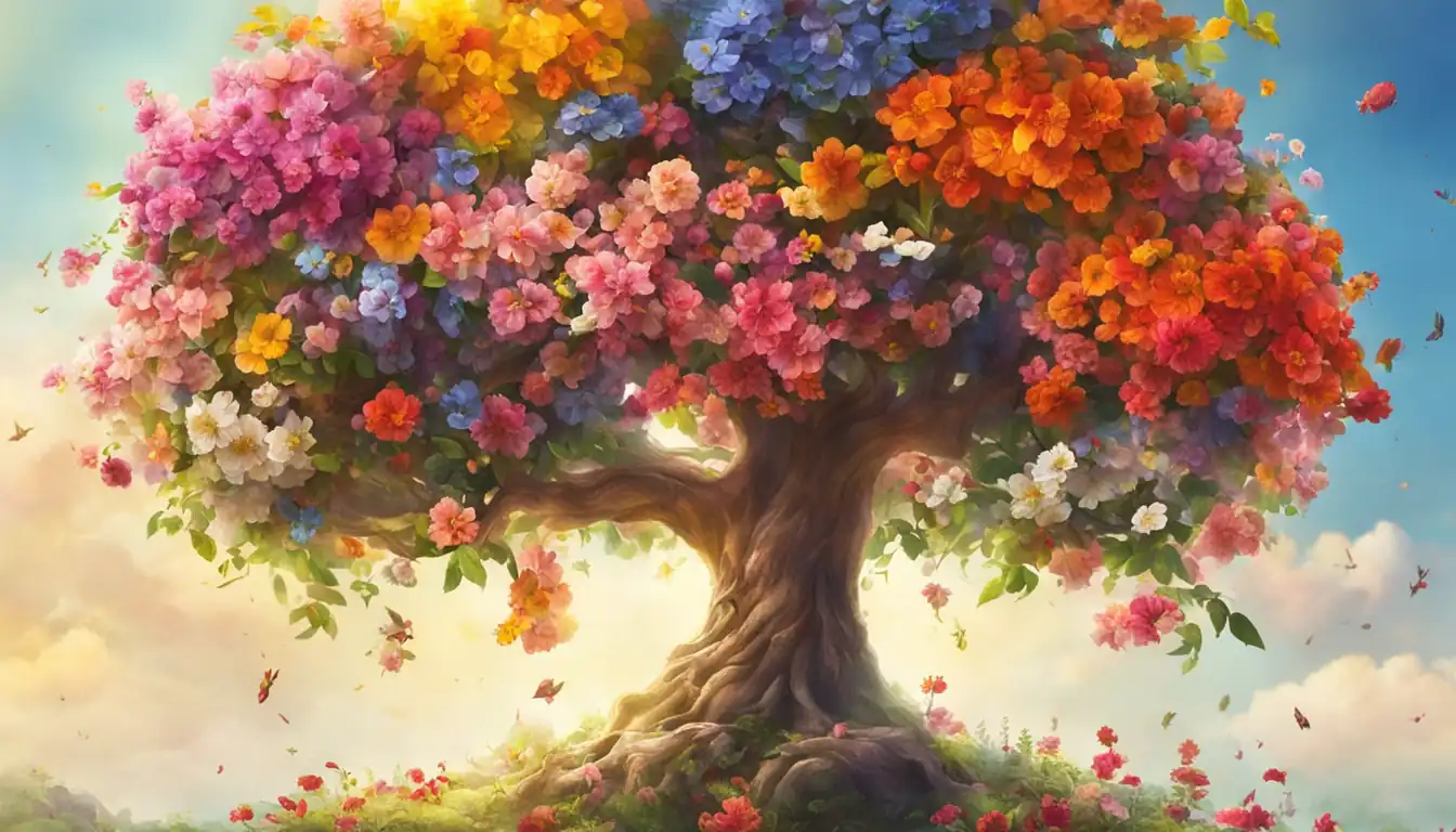 A colorful tree blooming with vibrant flowers in a sunny garden, symbolizing growth and expansion.