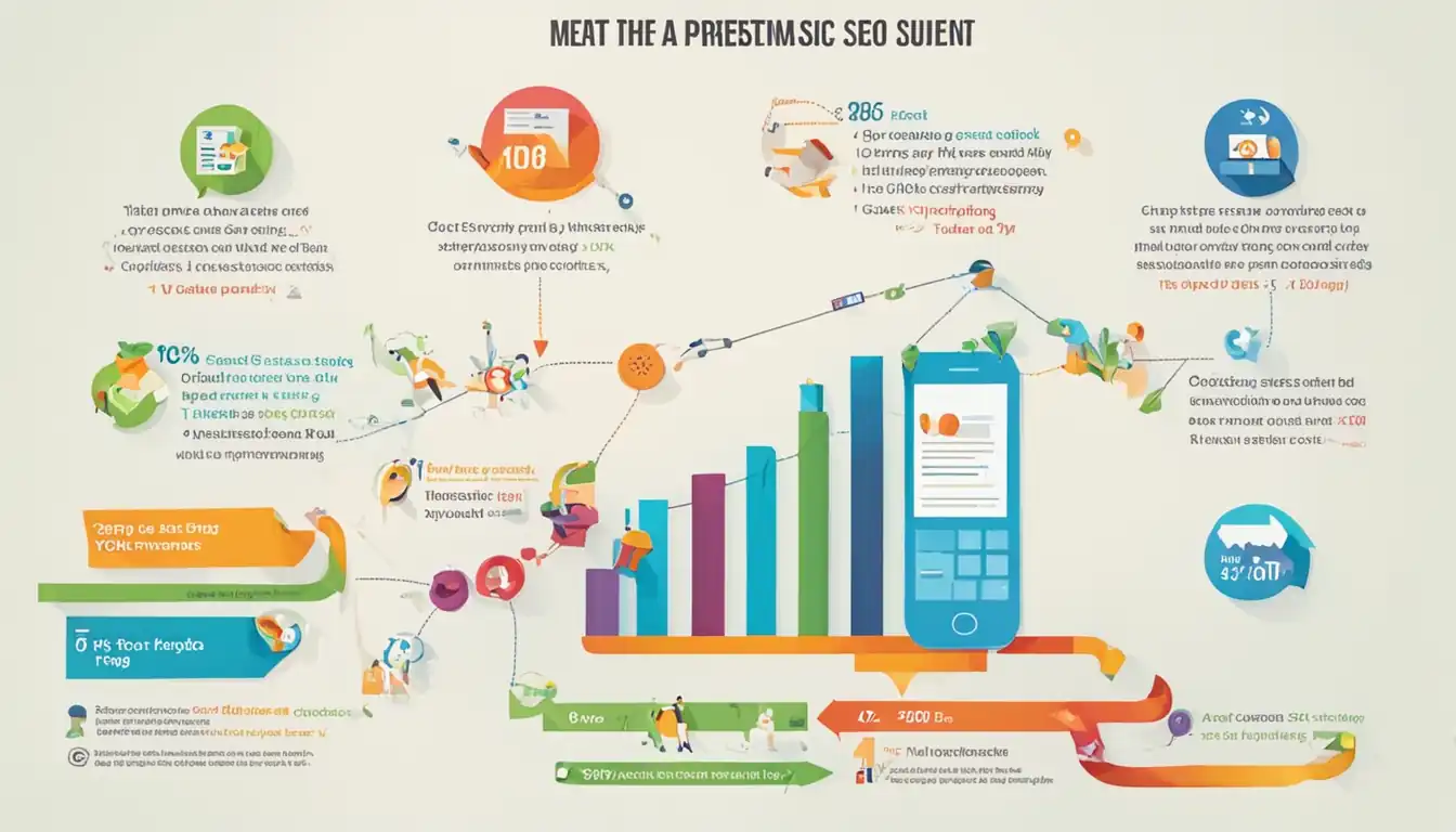 A colorful infographic showing a step-by-step guide to optimizing meta tags for SEO content performance.