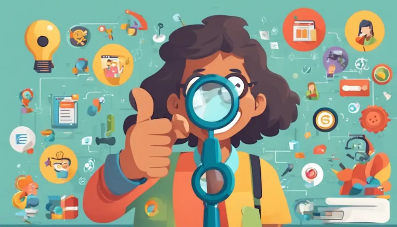 A smiling cartoon character holding a magnifying glass, surrounded by colorful SEO icons and keywords.