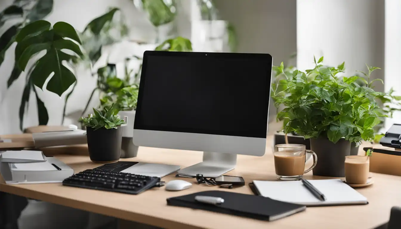 A modern office desk with a sleek computer, notepad, and coffee mug, surrounded by green plants.