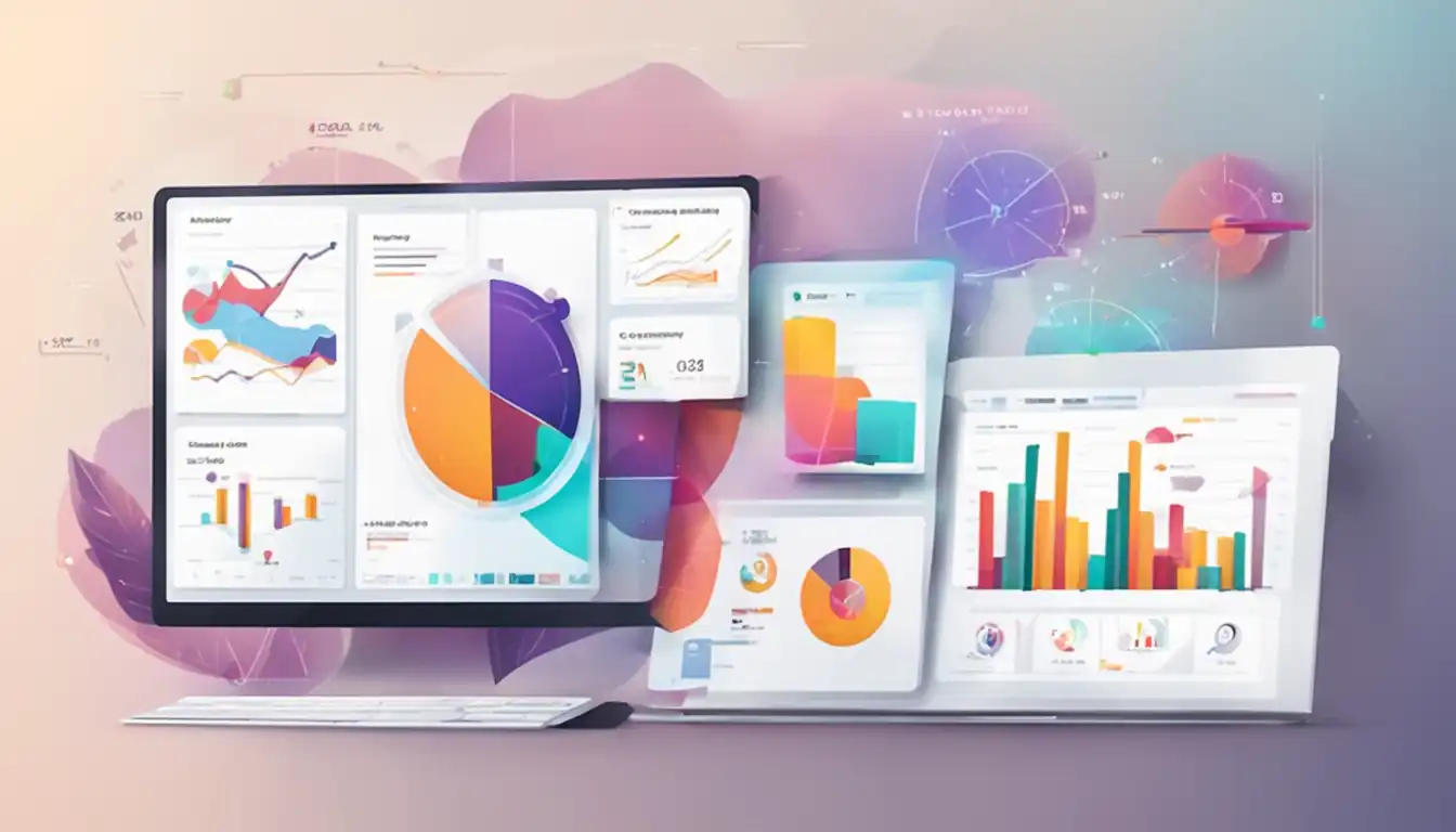 A sleek, modern computer program interface displaying colorful graphs and charts for content analytics.