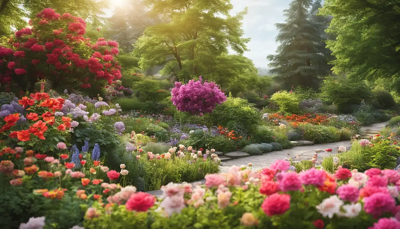 A serene landscape with colorful flowers blooming in a garden, showcasing the beauty of automated content creation.