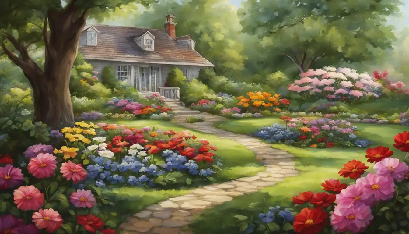 A serene landscape with colorful flowers blooming in a peaceful garden setting.