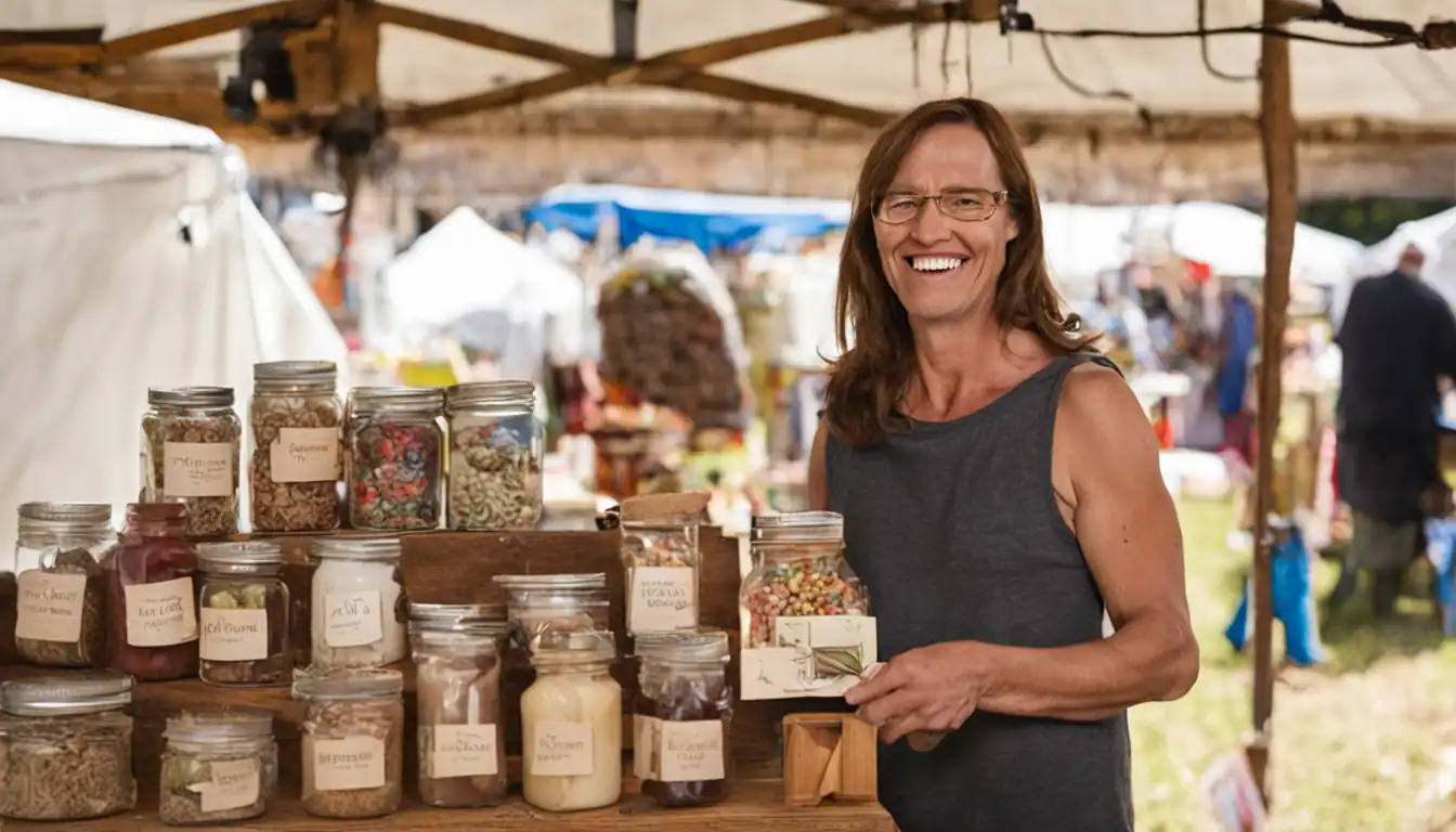 A smiling small business owner proudly displaying their unique handmade products at a local craft fair.