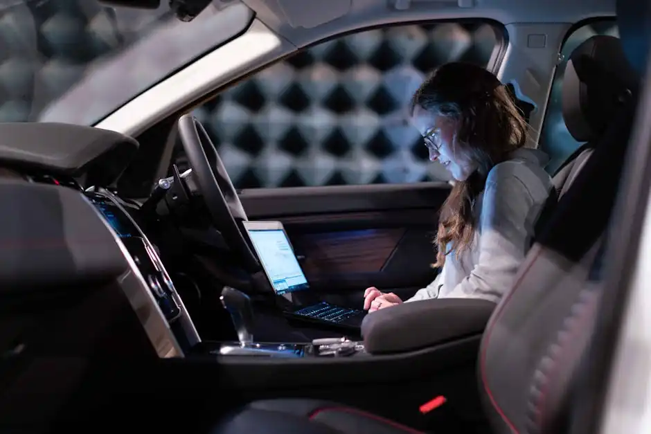 Female Engineer using Laptop Inside a Car 