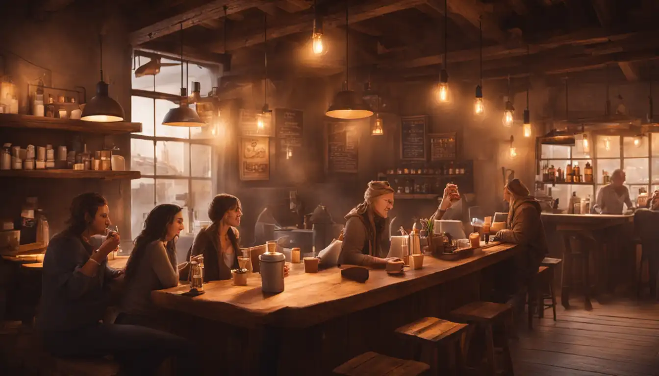 A cozy coffee shop with warm lighting, rustic decor, and customers enjoying their drinks and conversation.