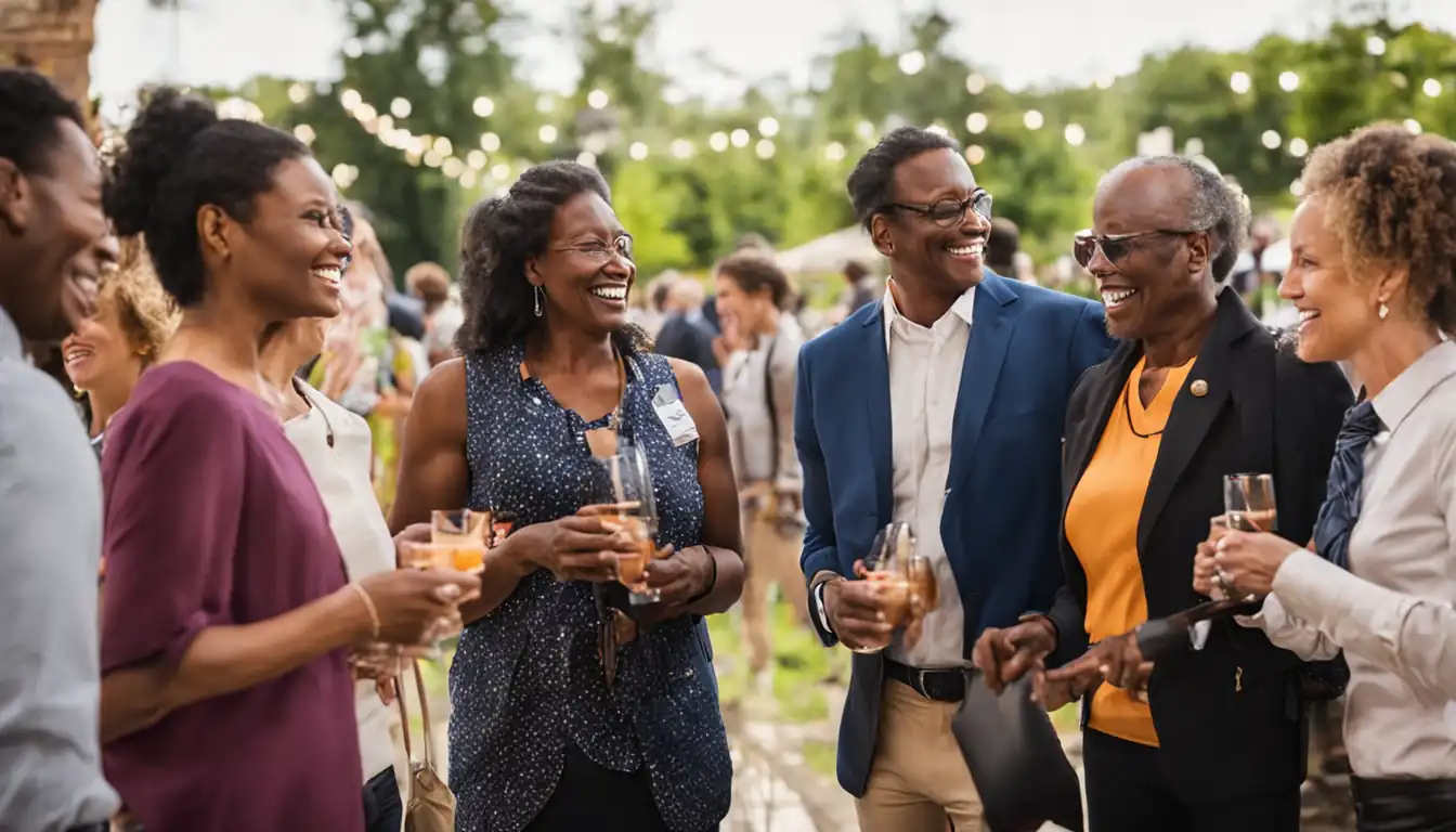 A group of diverse professionals networking at a vibrant, outdoor networking event with smiling faces.