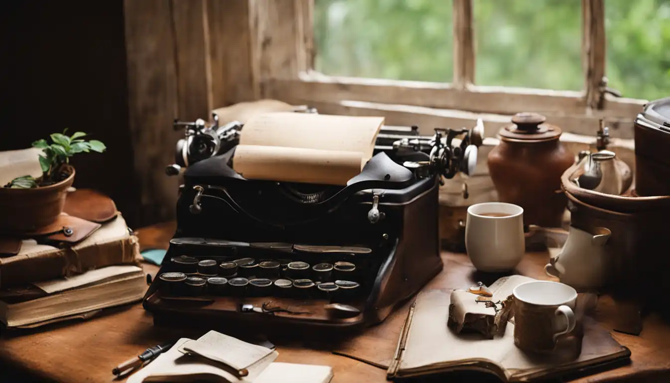 A cozy, cluttered writing desk with a vintage typewriter, leather-bound journals, and a steaming cup of tea.