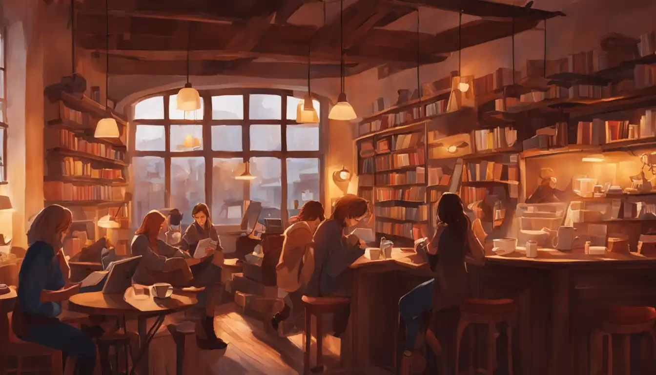 A cozy coffee shop with warm lighting, bookshelves, and people engrossed in conversation and reading.