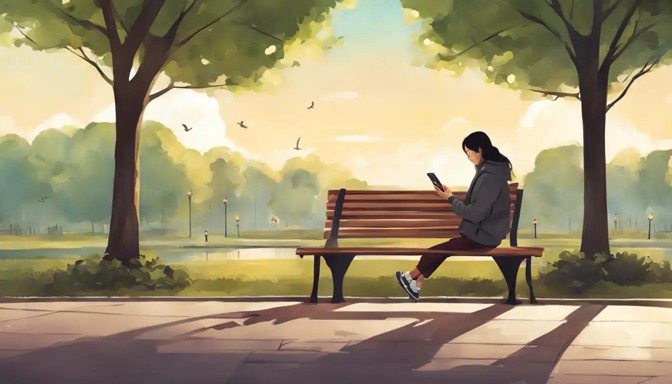 A person sitting on a park bench, typing on a smartphone with a serene background.