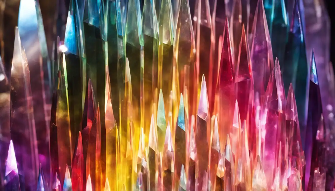 A colorful spectrum of light shining through a crystal prism, creating a beautiful rainbow pattern.