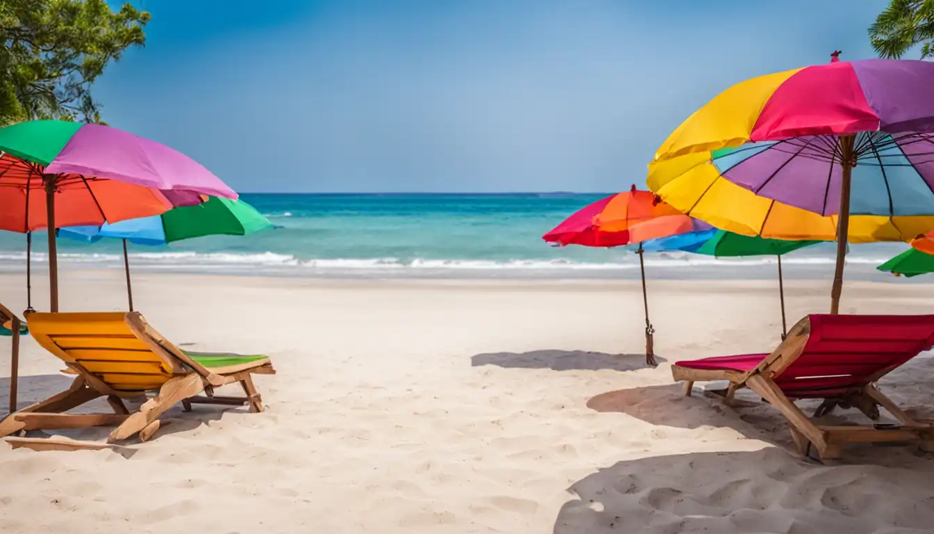 A serene beach with colorful umbrellas, representing a travel niche market for SEO optimization.