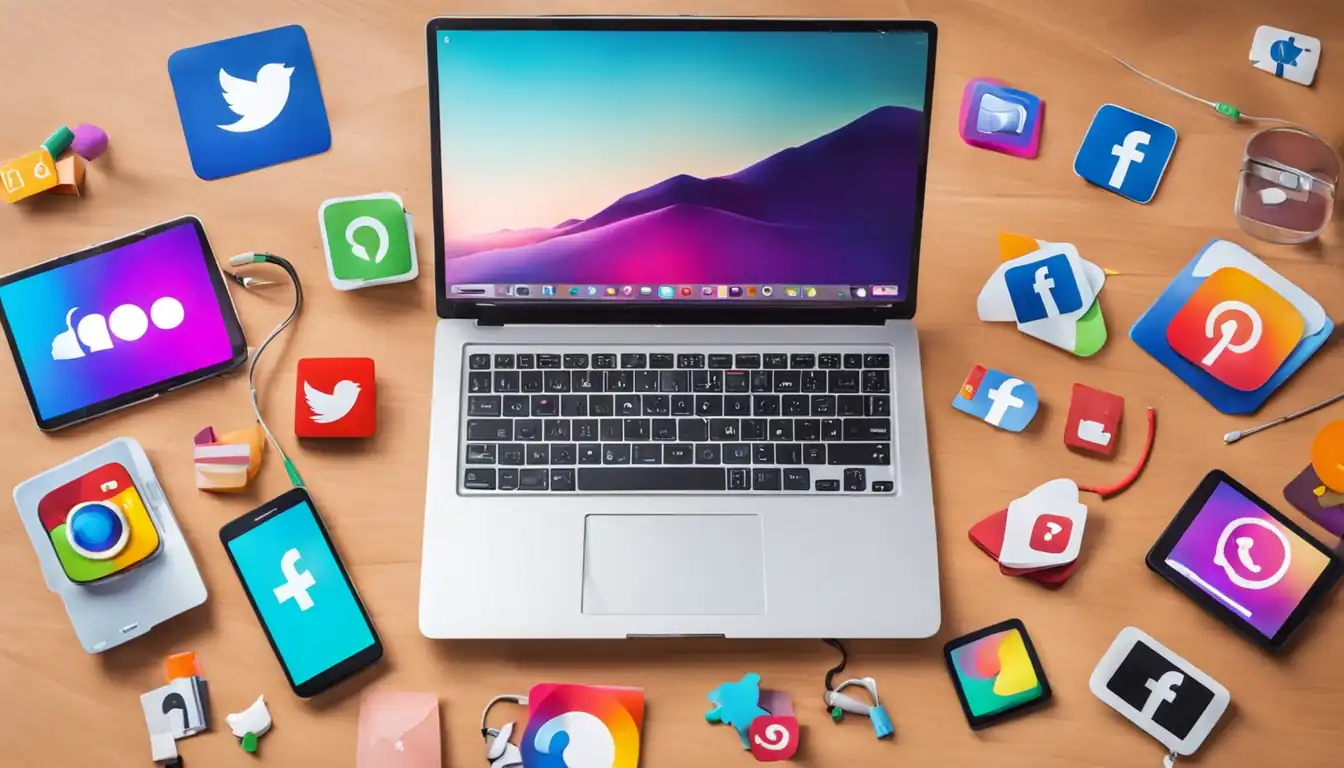 A vibrant, modern laptop surrounded by colorful social media icons and SEO keywords on a desk.