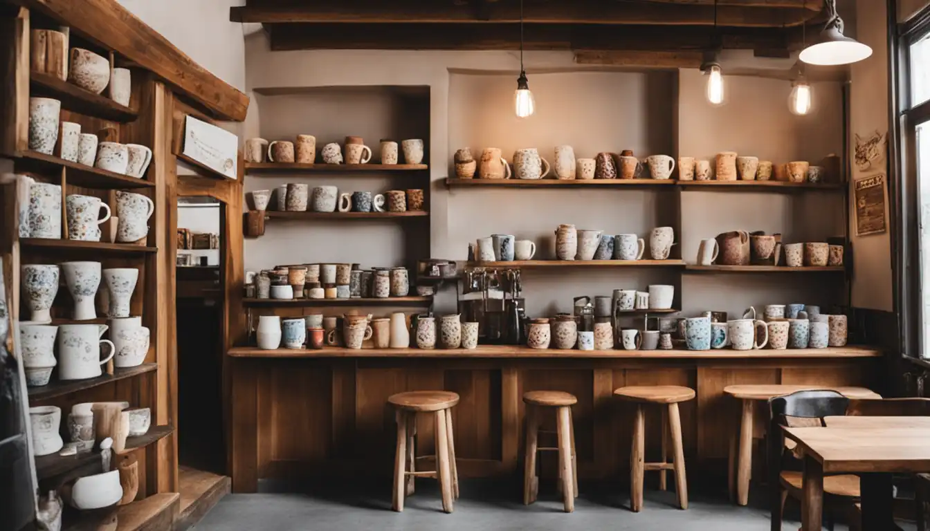 A cozy coffee shop with unique handcrafted mugs, showcasing a niche market for artisanal drinkware.