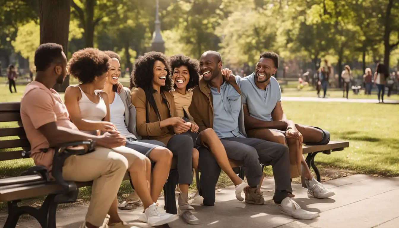 A smiling group of diverse people engaging with each other on a sunny park bench.