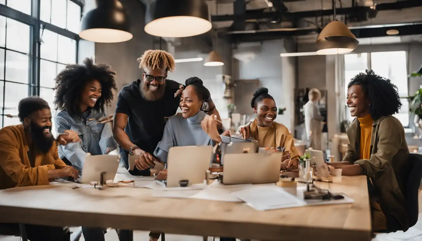 A diverse group of smiling influencers collaborating on a creative project in a bright, modern workspace.