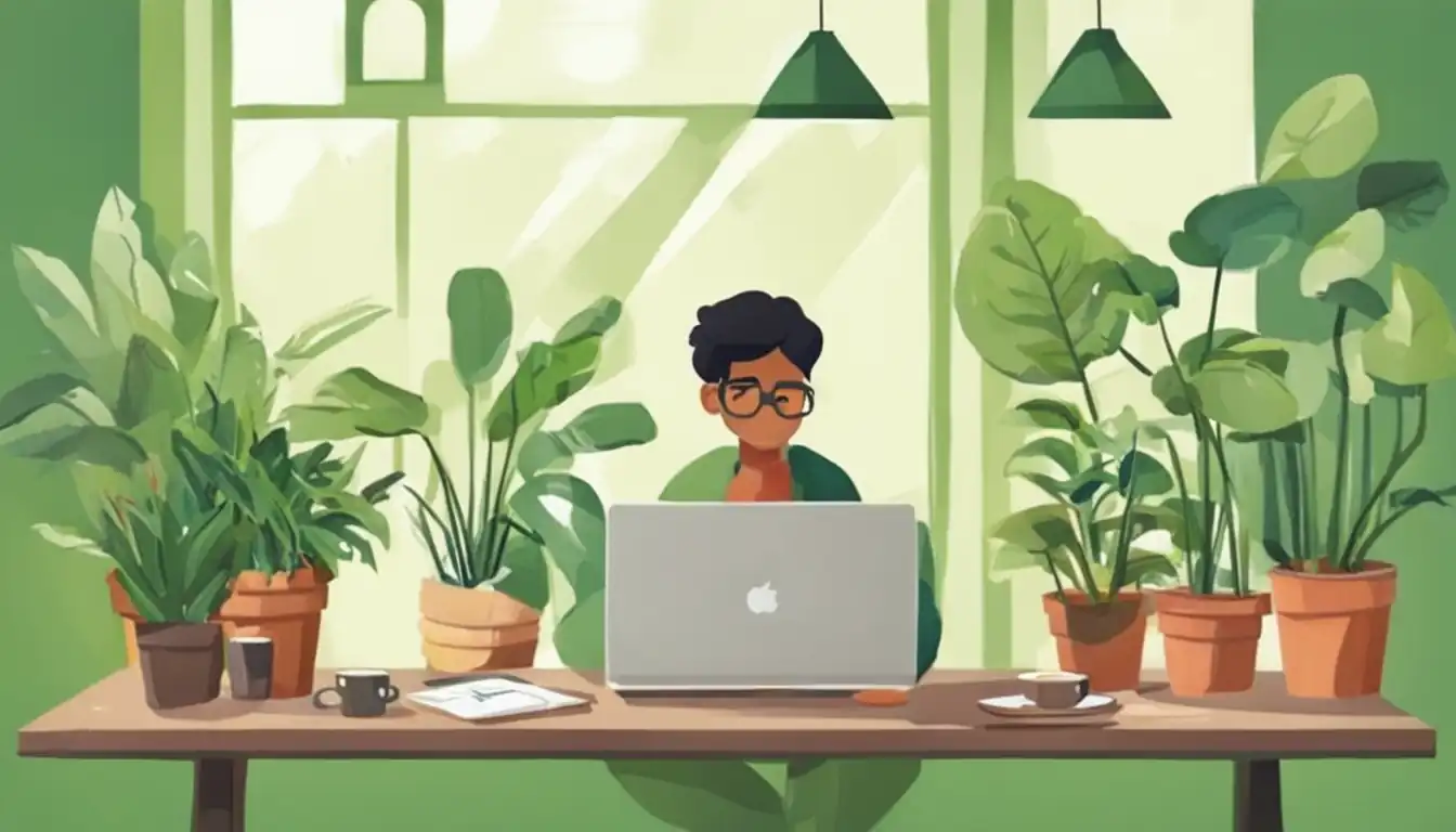 A person typing on a laptop surrounded by green plants, balancing SEO keywords with natural writing.