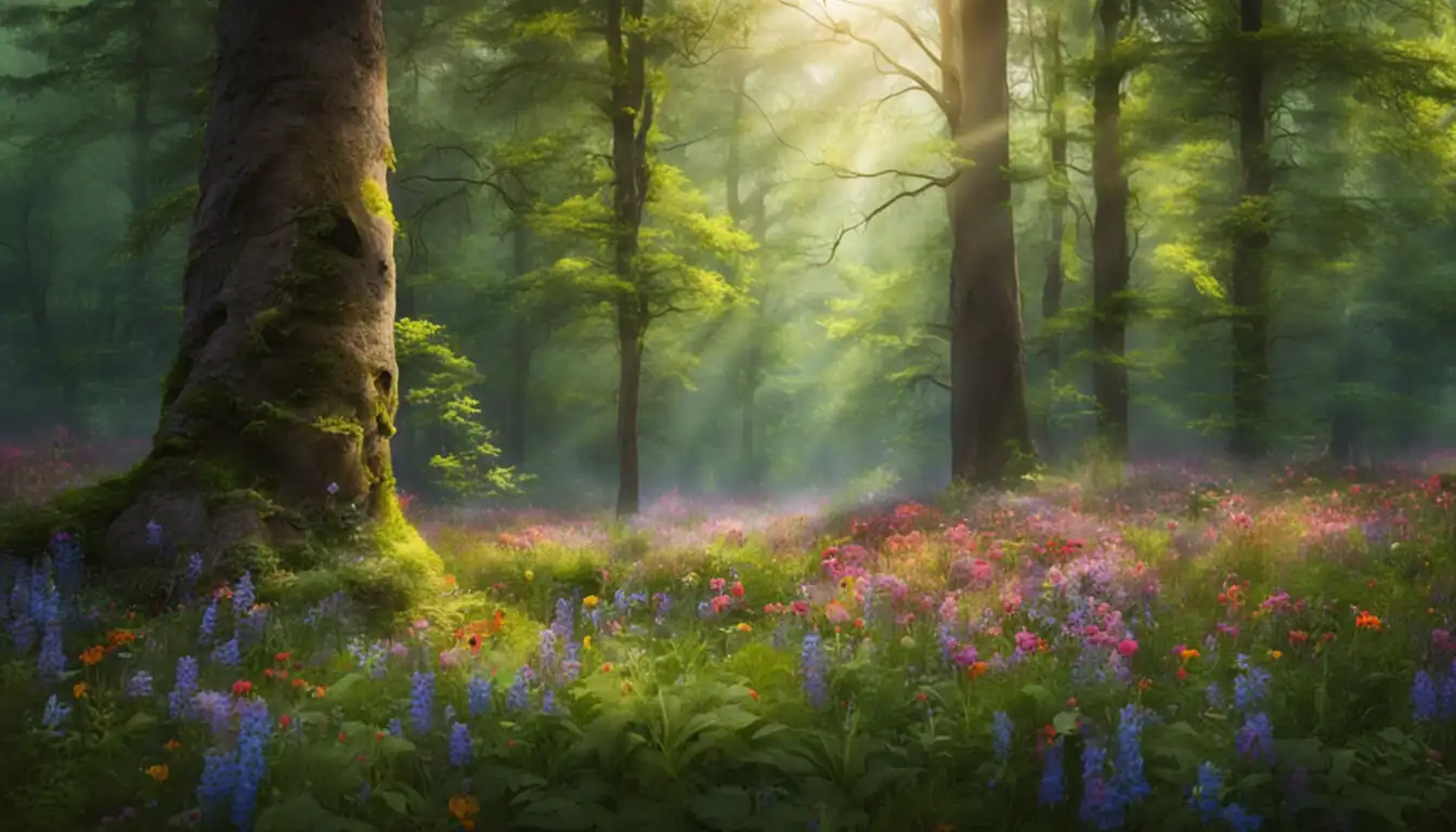 A serene forest clearing with vibrant wildflowers, showcasing the beauty of nature for niche content keyword density article.