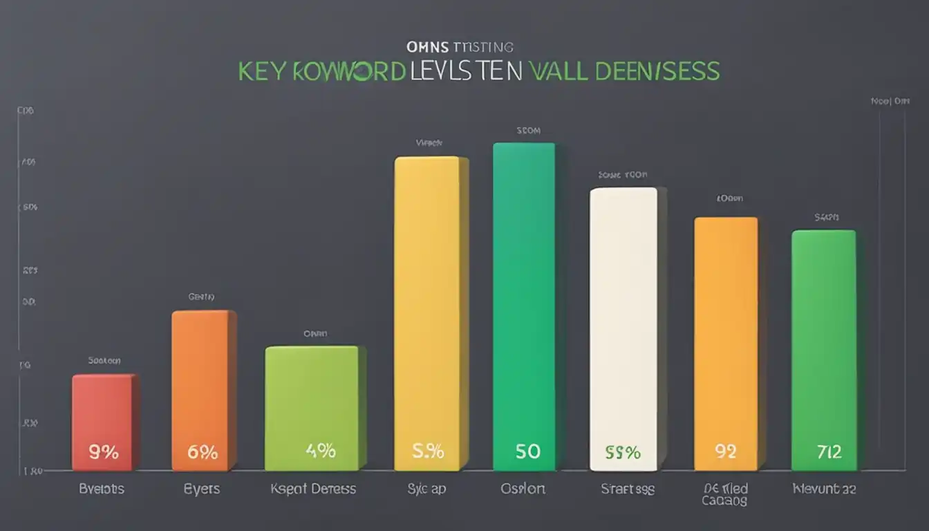 A colorful bar graph showing varying keyword densities, with green representing optimal levels for SEO success.