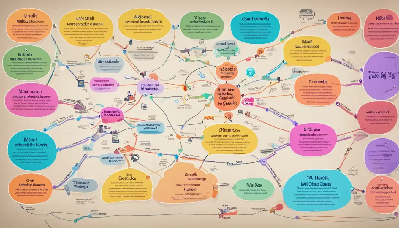 A colorful and organized mind map displaying interconnected topics related to niche content creation.