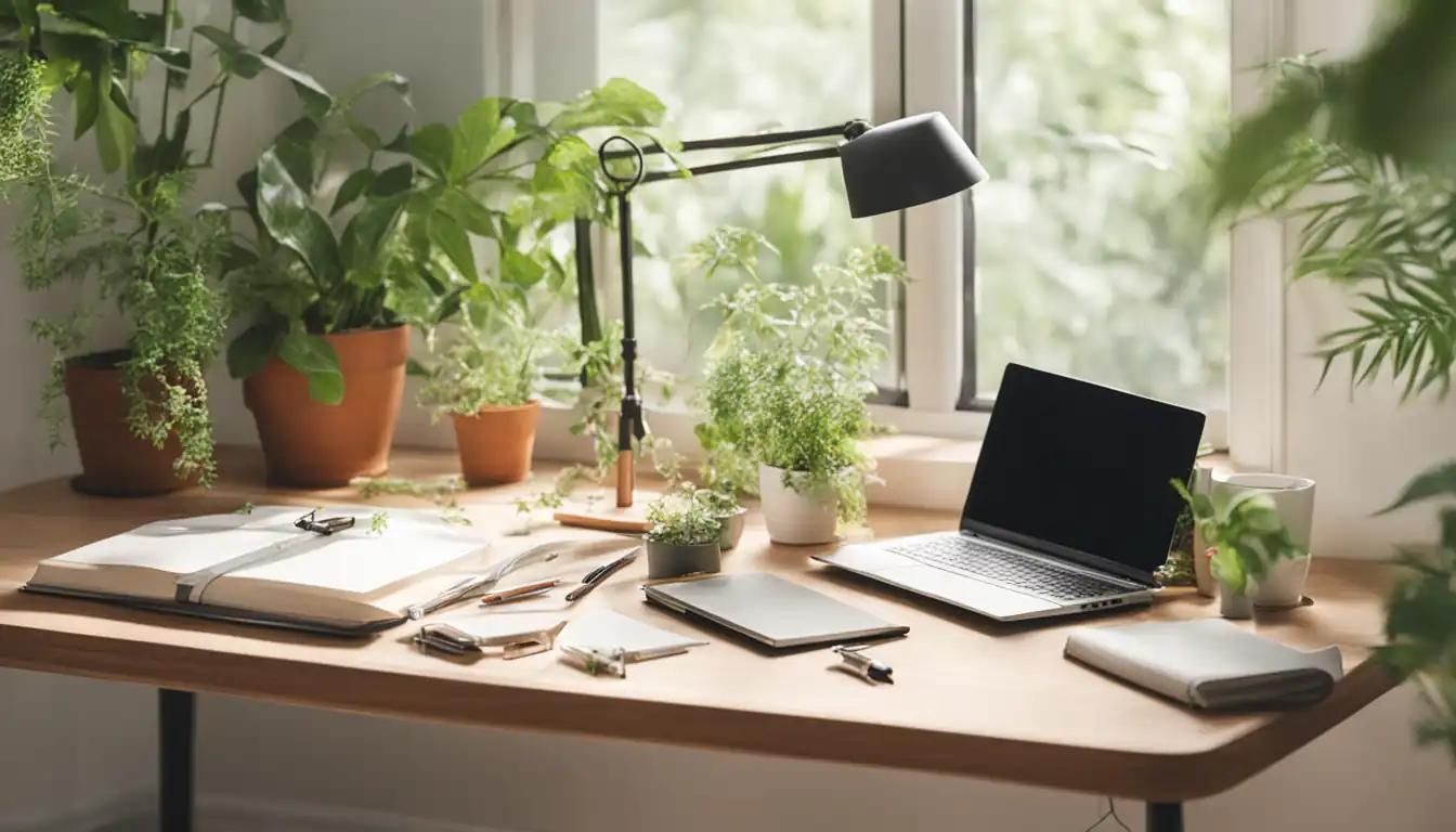 A serene, organized desk with a laptop, notebook, and pen, surrounded by green plants and natural light.