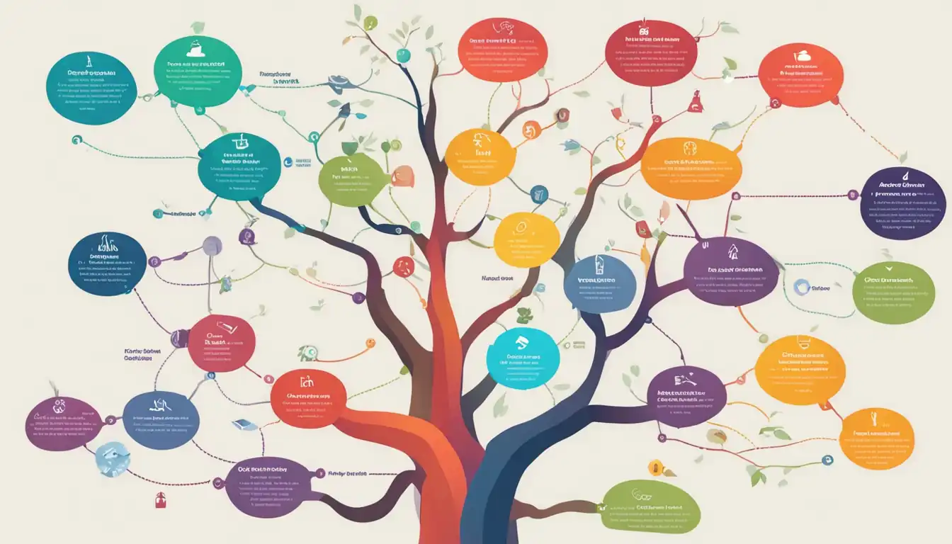 A colorful infographic showing interconnected branches representing different niche topics in a pillar page strategy.