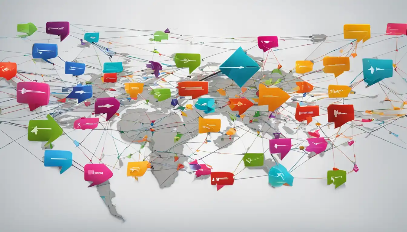 A colorful network of interconnected arrows pointing towards various web pages on a computer screen.