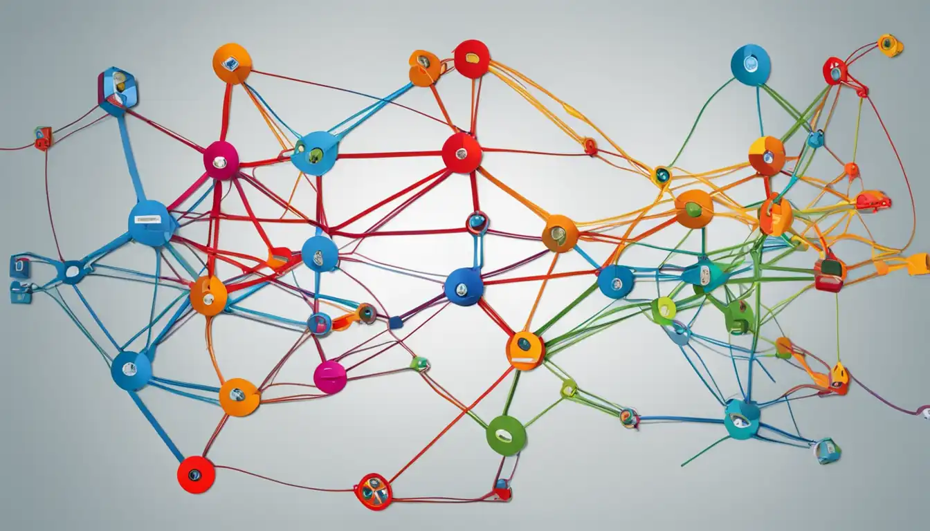 A colorful web of interconnected lines linking various parts of a website, illustrating internal linking structure.