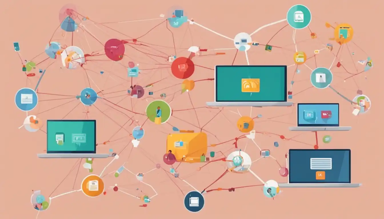 A colorful network of interconnected websites with various sizes and shapes, representing external linking impact analysis.