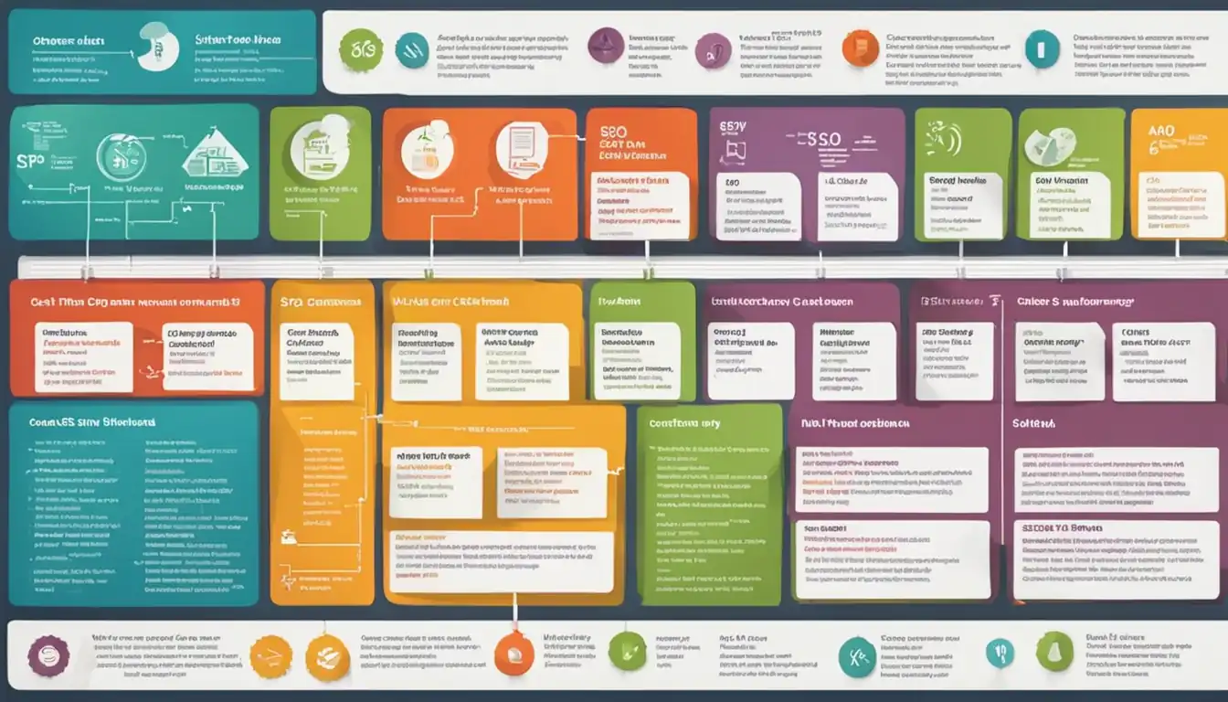 A colorful, visually appealing infographic showing the hierarchy of schema markup elements for SEO optimization.