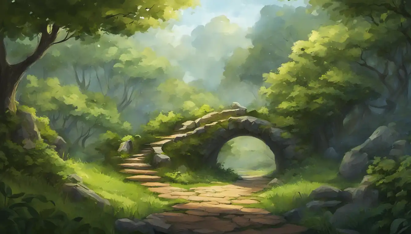 A serene landscape with a winding path through a lush forest, inviting exploration and discovery.