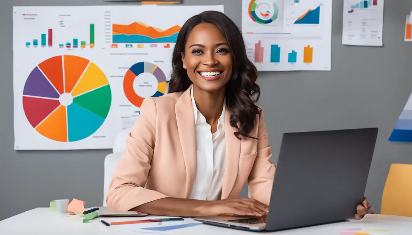 A smiling woman holding a laptop, surrounded by colorful charts and graphs, showcasing business success.