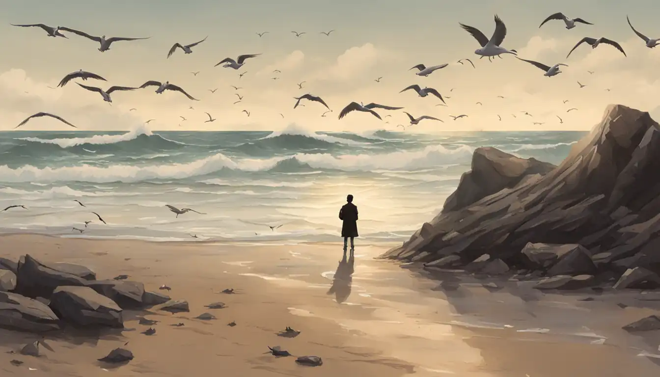 A serene beach with a lone figure writing in a notebook, surrounded by seagulls and crashing waves.