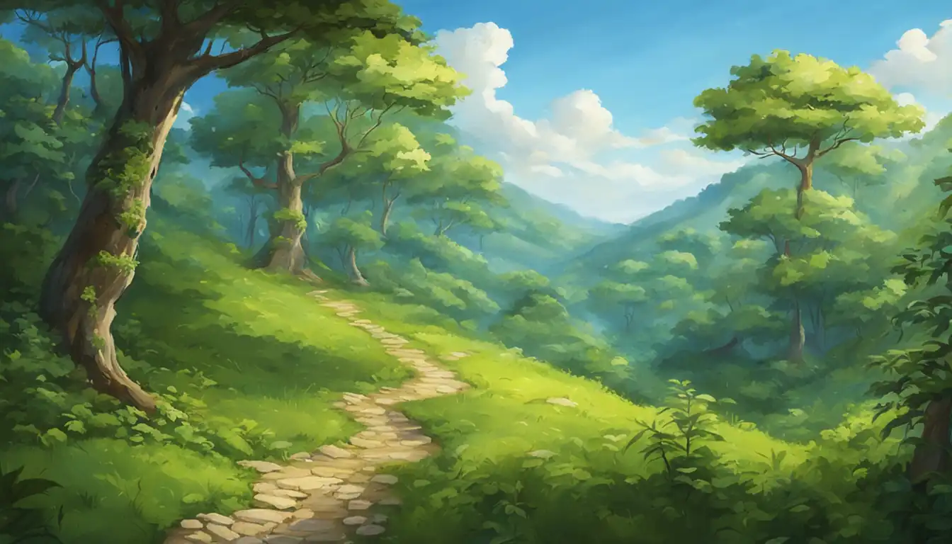 A serene landscape with a winding path through a lush green forest under a clear blue sky.