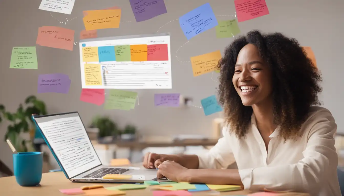 A person smiling while transcribing a video, surrounded by colorful transcription notes and highlighted keywords.