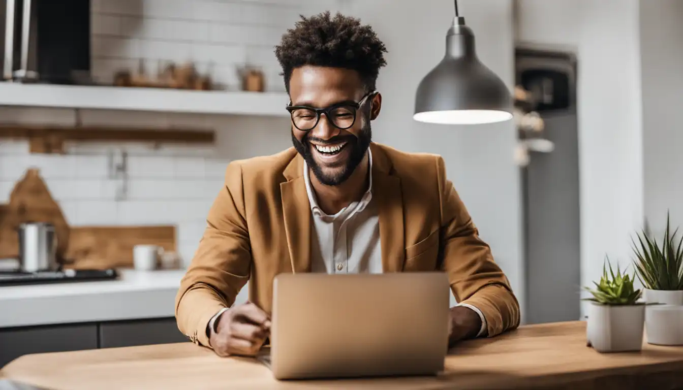 A smiling business owner reviewing analytics charts on a laptop, celebrating successful SEO content strategy.