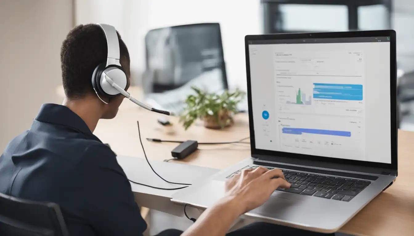 A person using a sleek, modern transcription software on a laptop with a transcription headset.