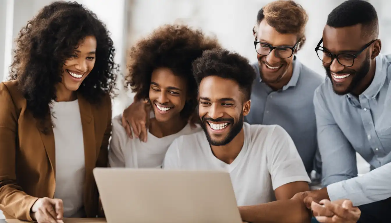 A diverse group of people smiling while reading a well-organized FAQ page on a laptop.