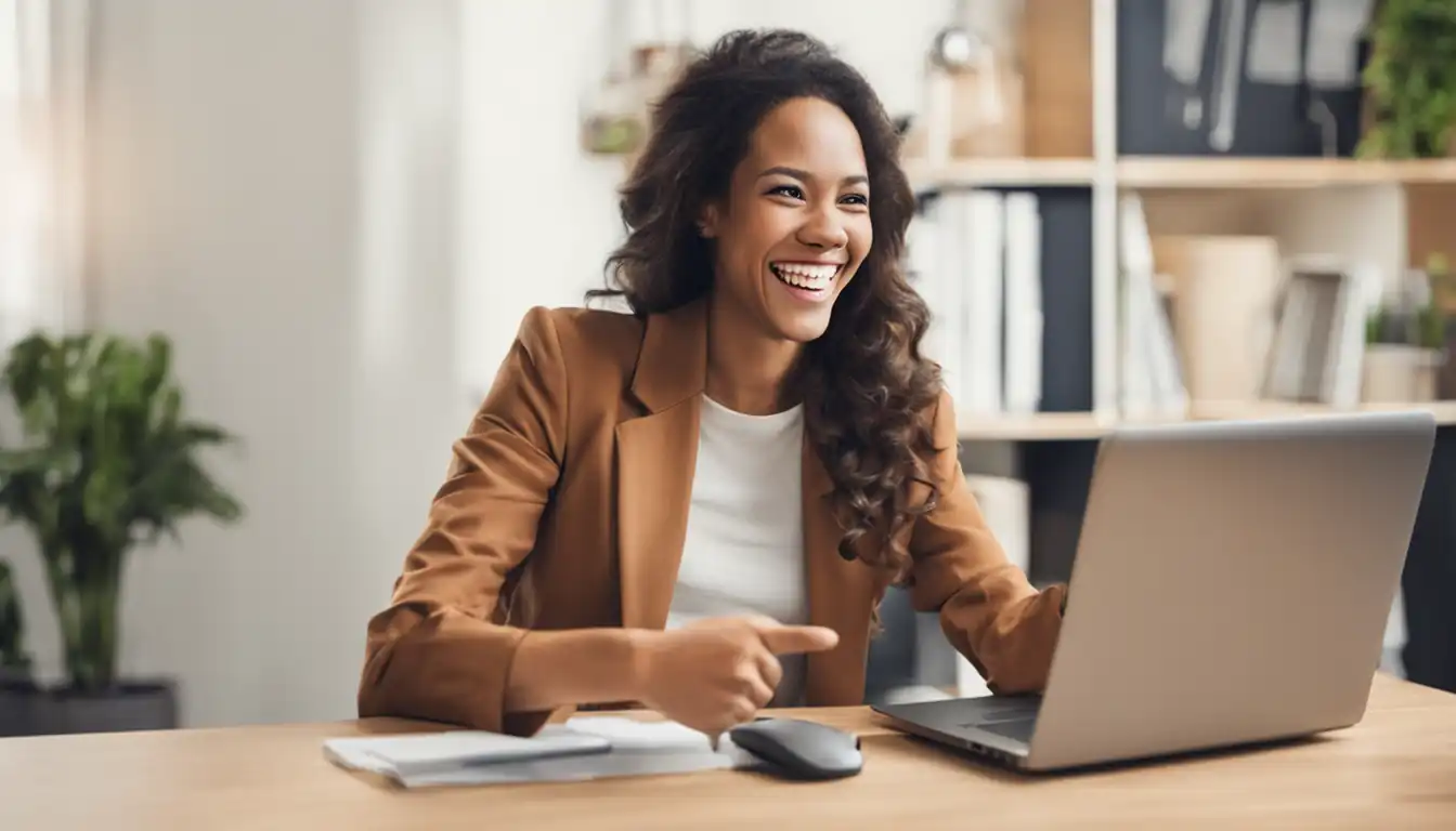 A smiling customer giving a thumbs up while reading a helpful FAQ page on a laptop.