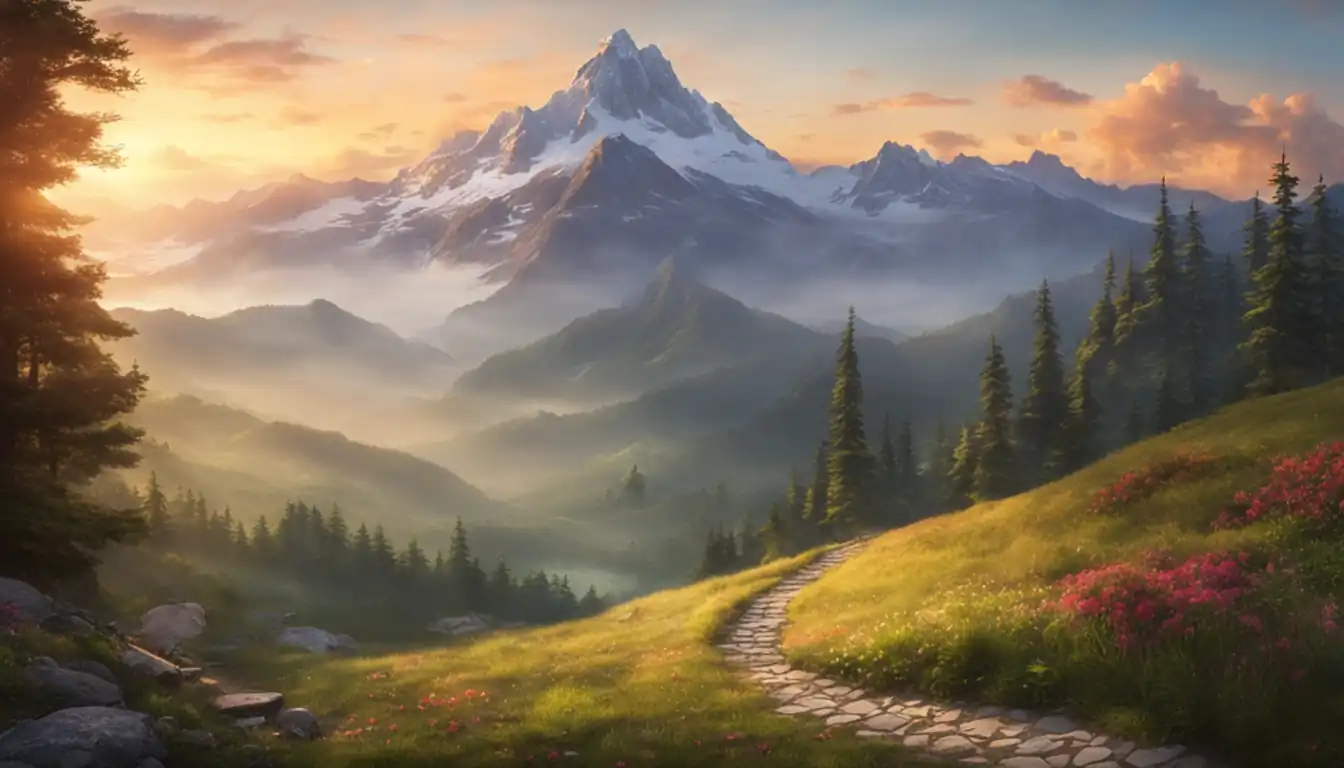 A serene landscape with a winding path leading to a majestic mountain peak at sunrise.