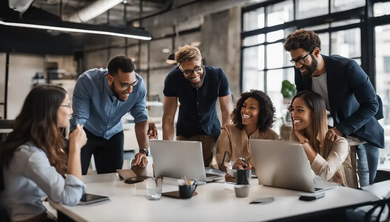 A diverse group of young professionals collaborating on a digital marketing campaign in a modern office.