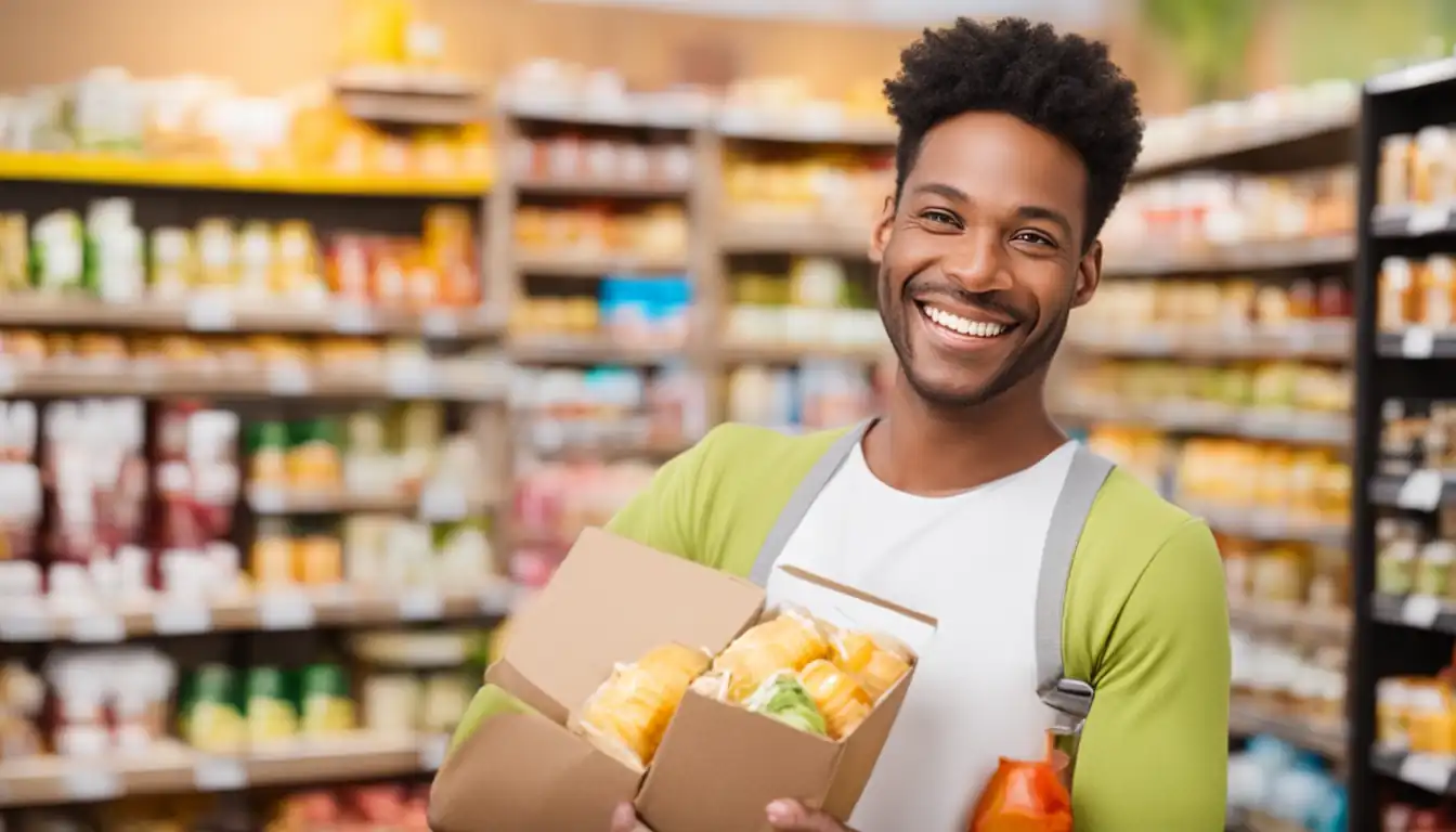 A smiling customer holding a product, looking satisfied and happy, with a bright and welcoming background.