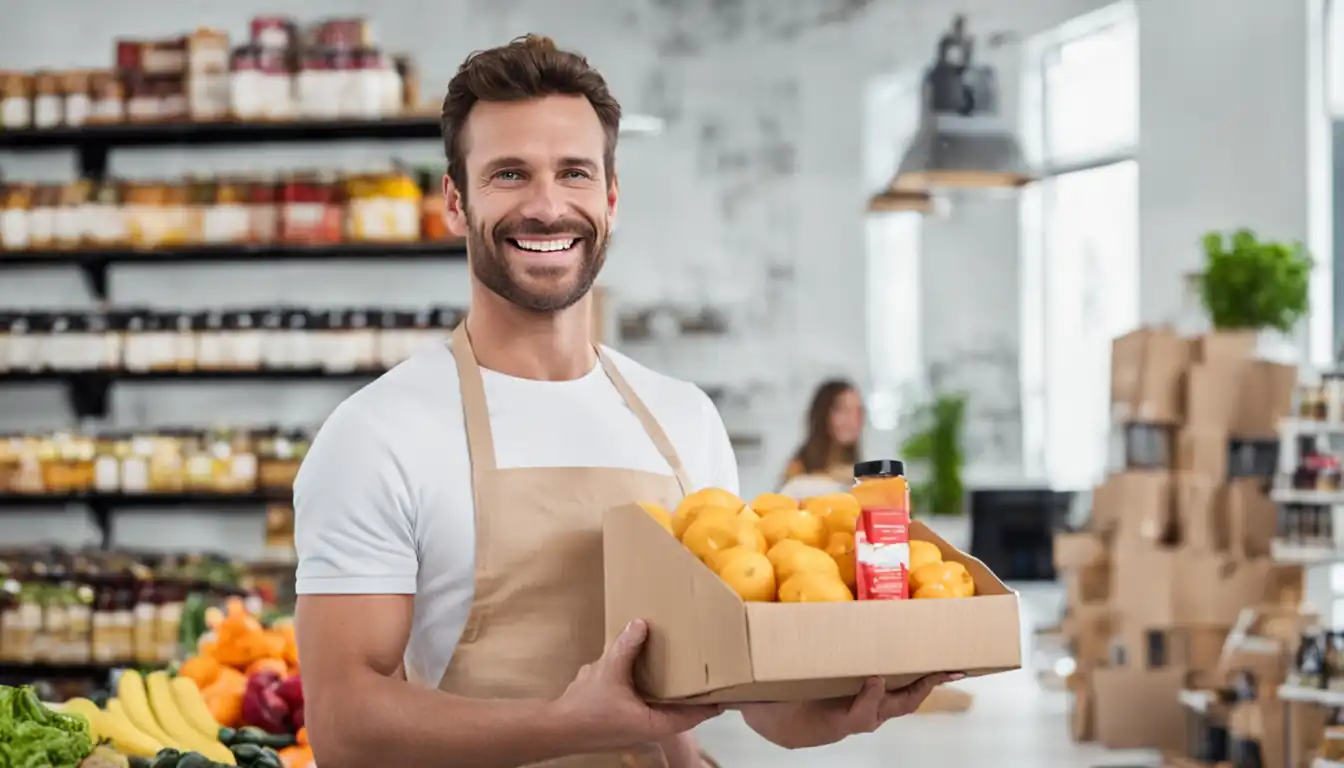 A smiling customer holding a product, looking satisfied and happy in a bright, modern setting.