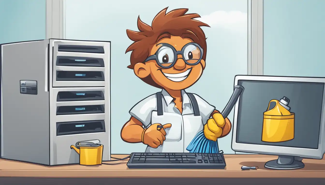 A smiling cartoon character cleaning and optimizing a computer server for website speed maintenance.