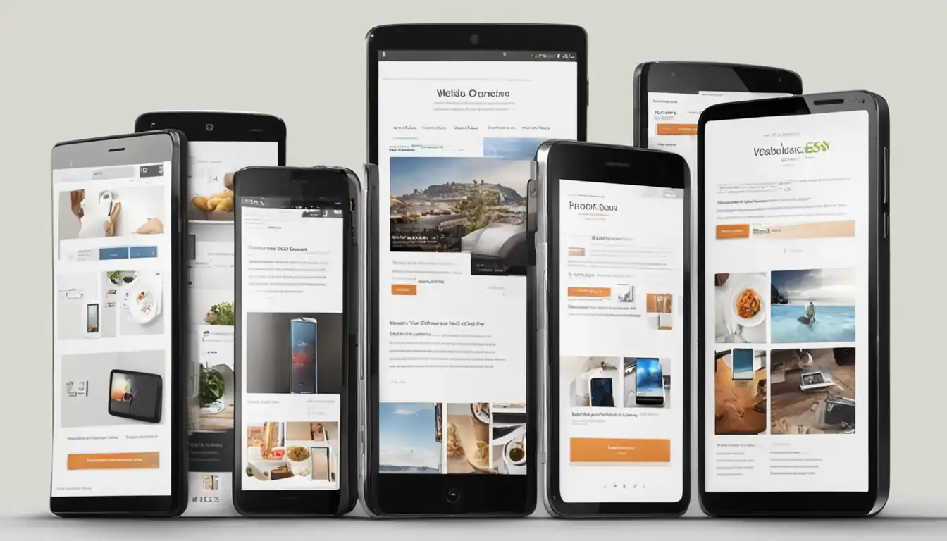 A diverse group of smartphones displaying a responsive website design, showcasing different screen sizes and orientations.