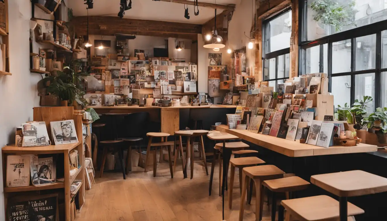 A cozy coffee shop with unique decor, showcasing a variety of niche magazines and user-generated zines.