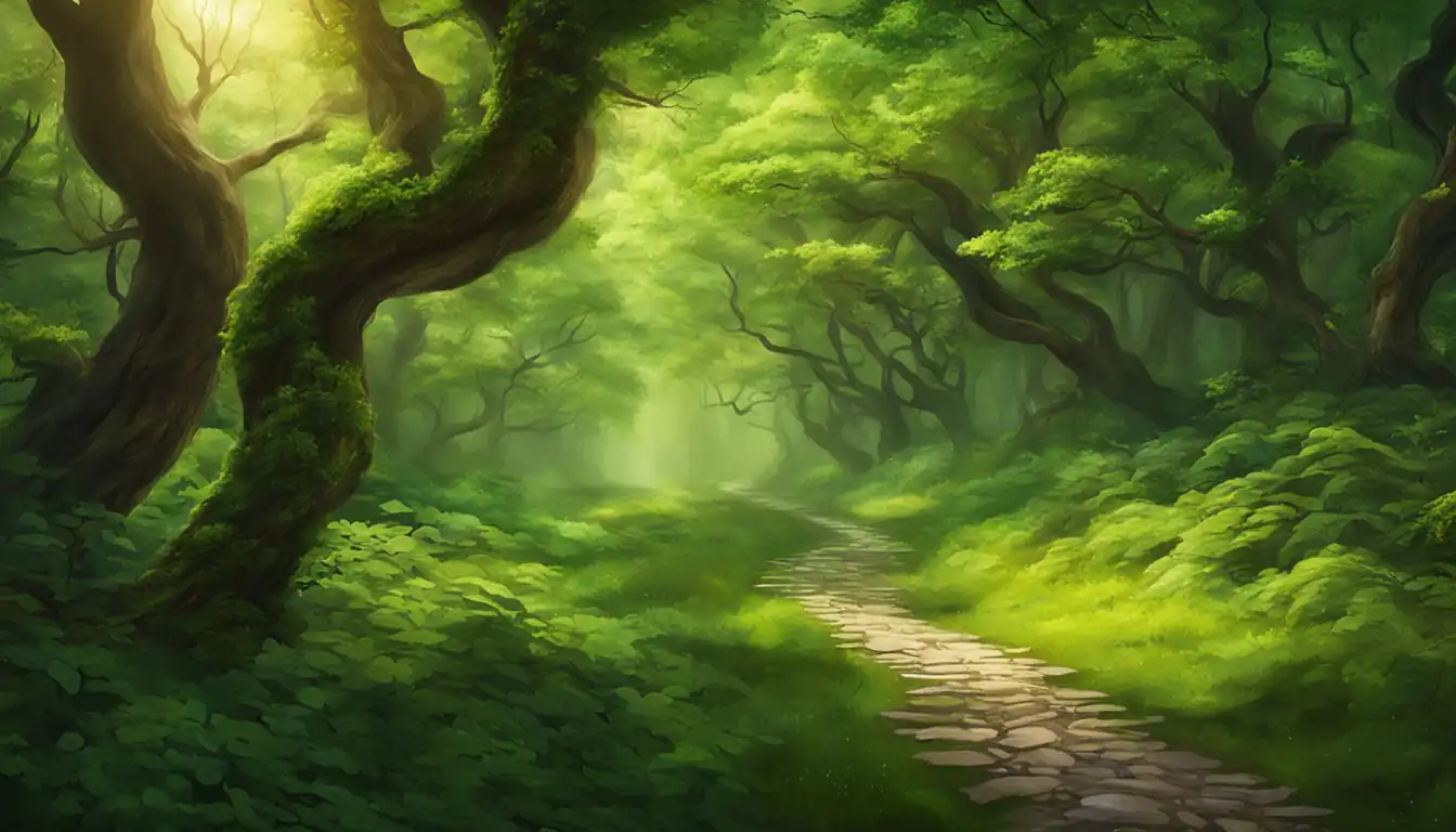 A serene forest with vibrant green trees and a winding path, symbolizing timeless content creation strategies.