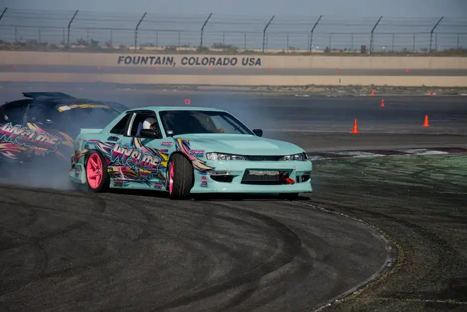 Blue Car Drifting at an Event