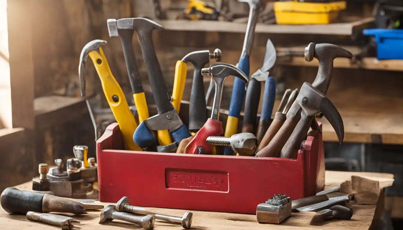 A colorful toolbox filled with various tools like hammers, screwdrivers, and wrenches on a wooden workbench.